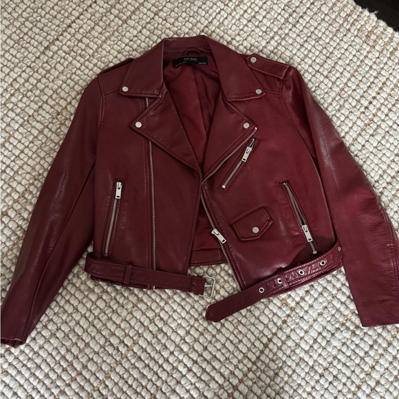 Zara Deep Red Faux Leather Biker Jacket - Picture 4 of 6